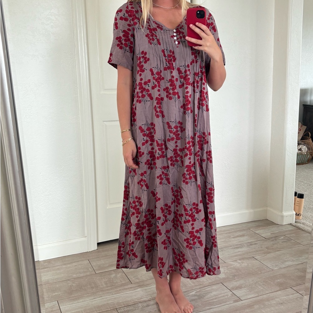 Floral Gray and Red Maxi Dress